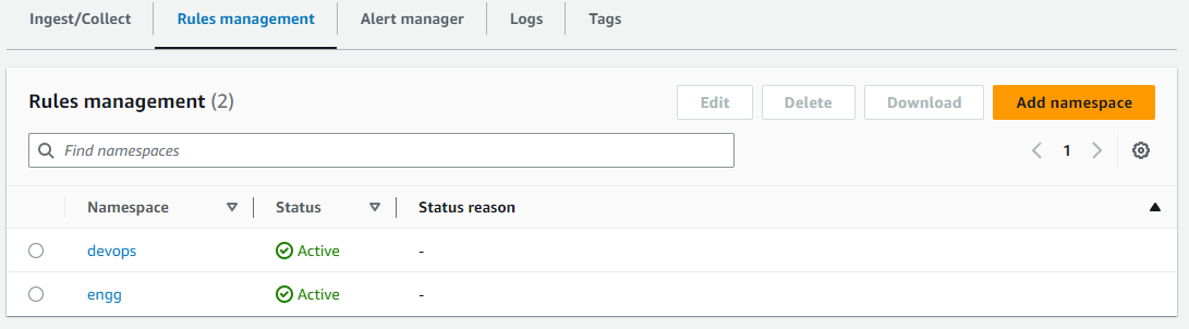 Recording and Alerting rule namespaces in AMP console