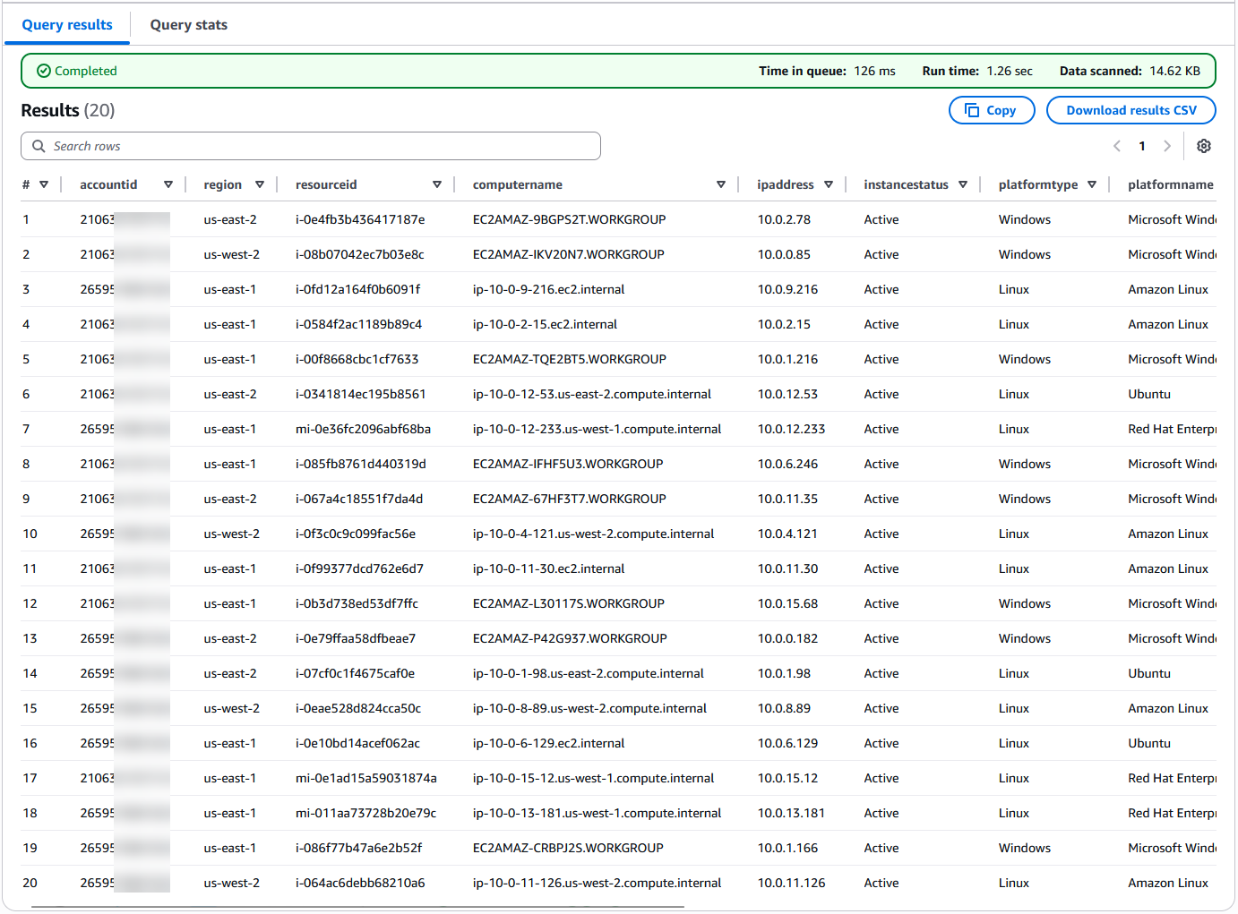 Example query results to return only active managed nodes