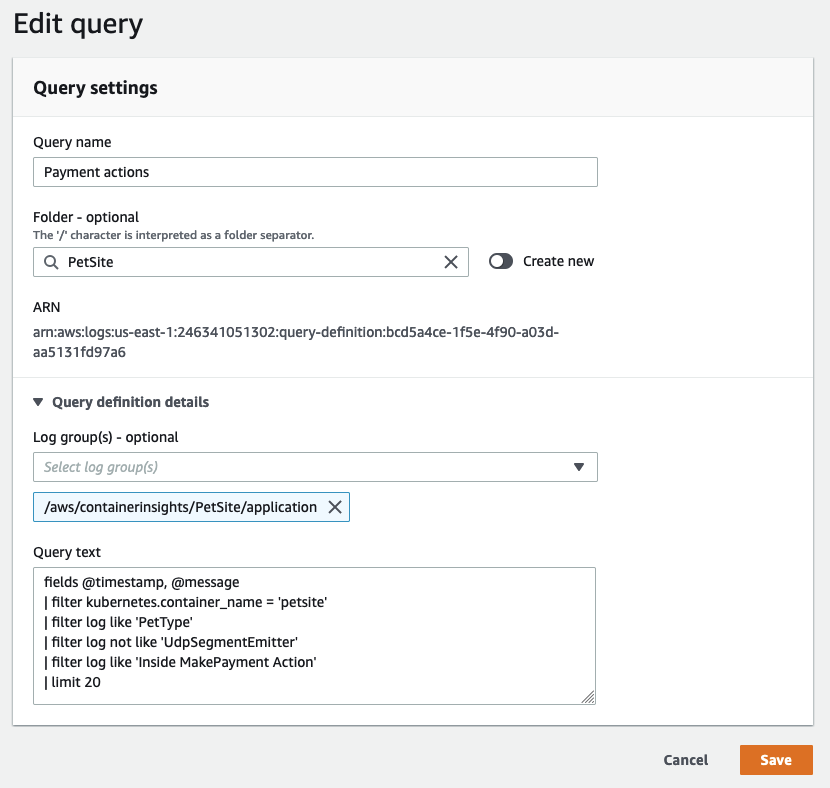 The CloudWatch Logs query editor page