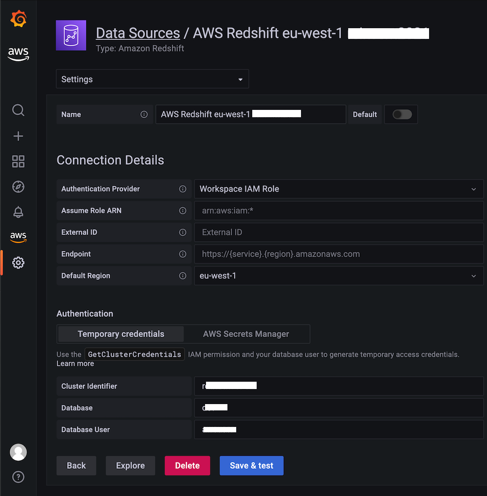 Amazon Managed Grafana での Redshift データソース設定