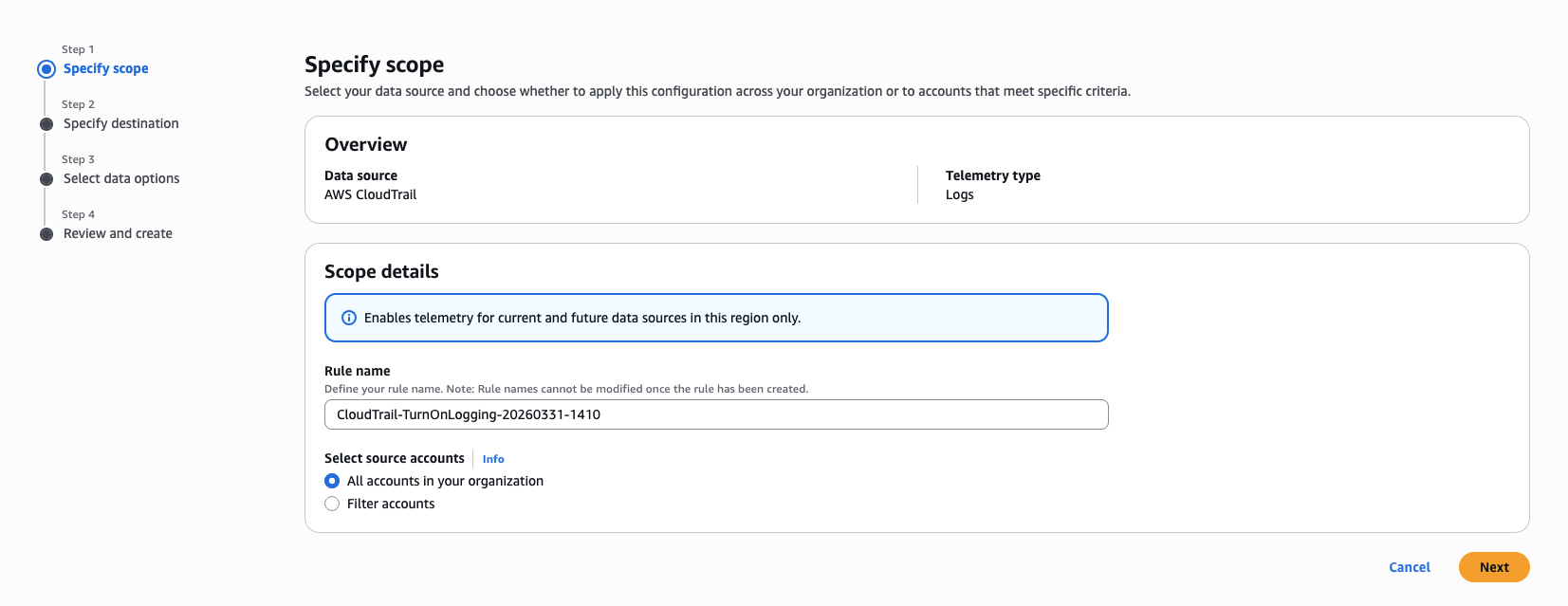 CloudWatch Telemetry config Enablement rules tab showing the Add rule wizard for CloudTrail.