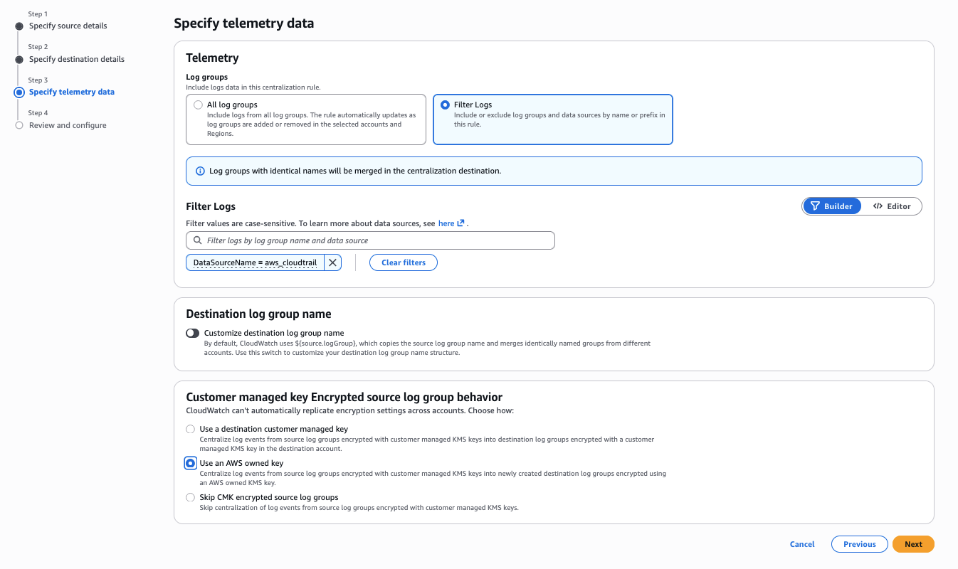 Specify telemetry data for Log Centralization