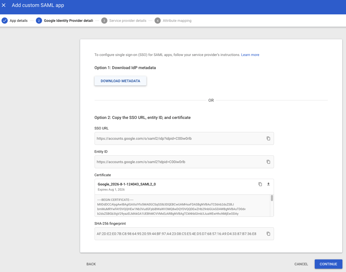 Google Workspace - Add custom SAML app - Download Metadata
