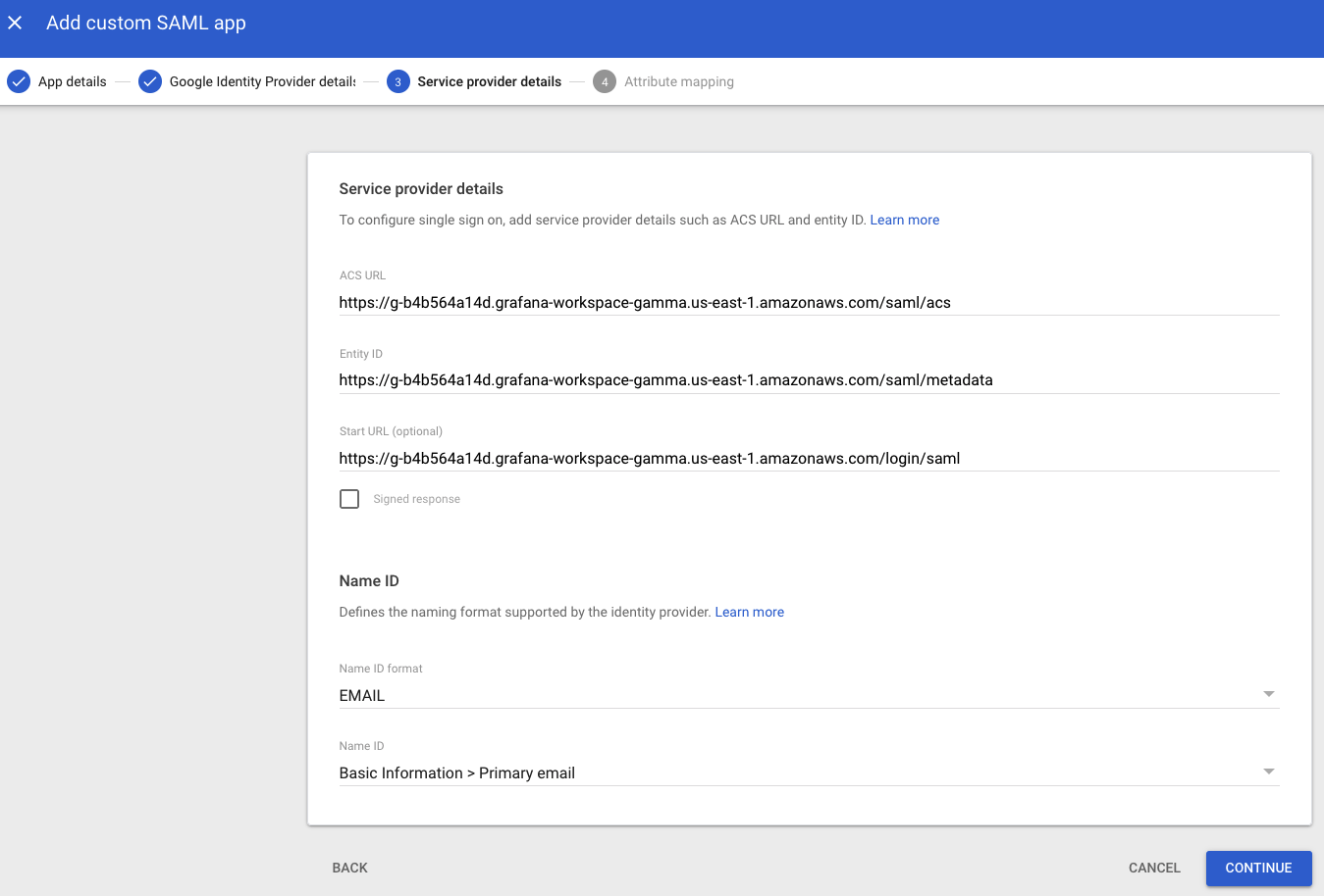 Google Workspace - Add custom SAML app - Service provider details