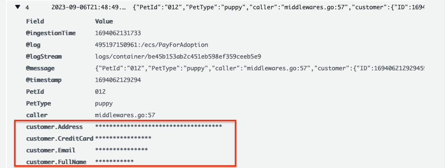 CloudWatch Logs 数据保护掩码结果