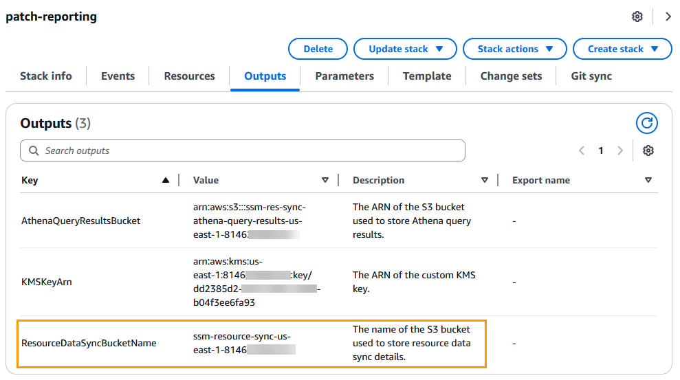 CloudFormation 堆栈输出，显示资源数据同步 S3 存储桶名称